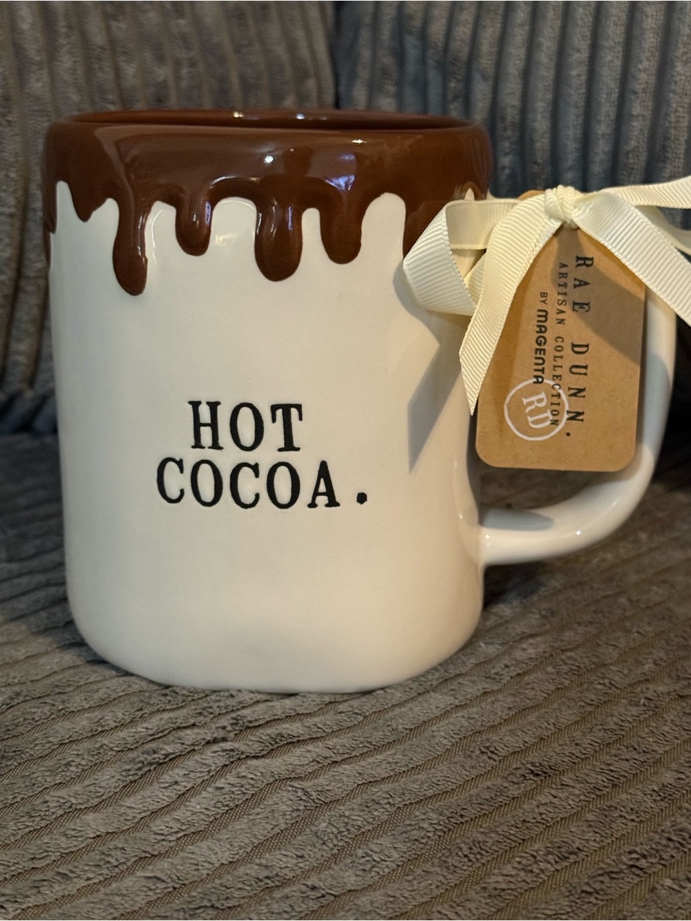 Rae Dunn White Ceramic Mug with Brown Drip "HOT COCOA."